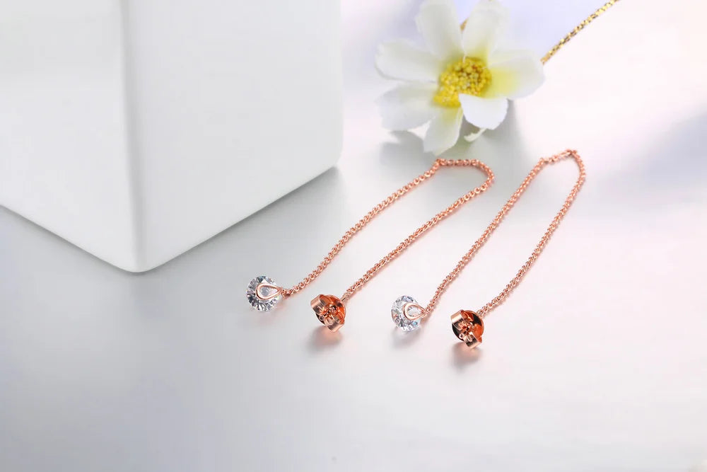 Sparkling Rose Gold Ear Threaders – Elegant Long Dangle Crystal