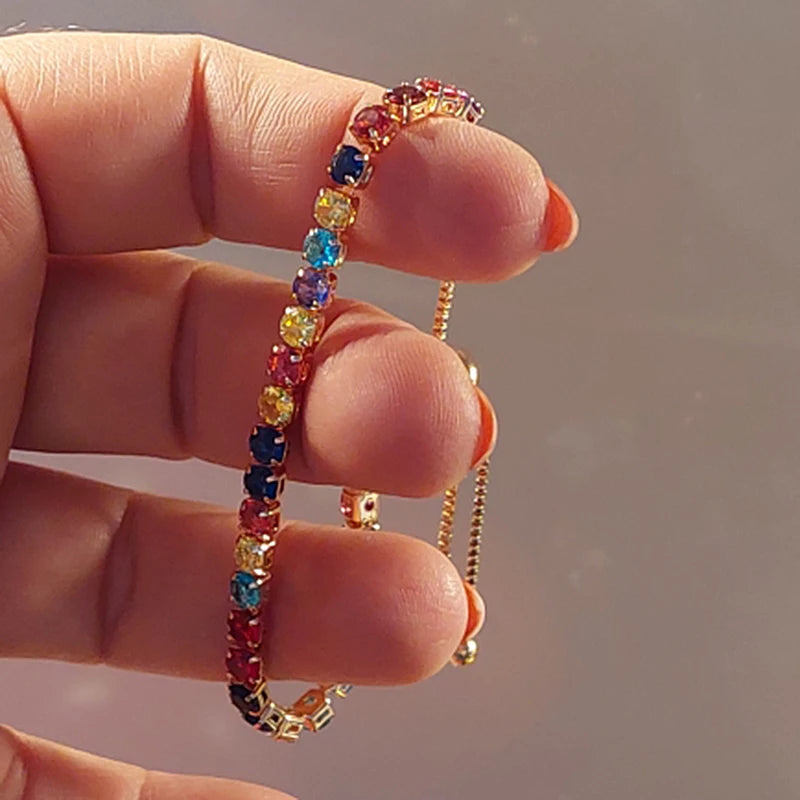 Adjustable Multicolor Tennis Bracelet – Rainbow Zircon Charm