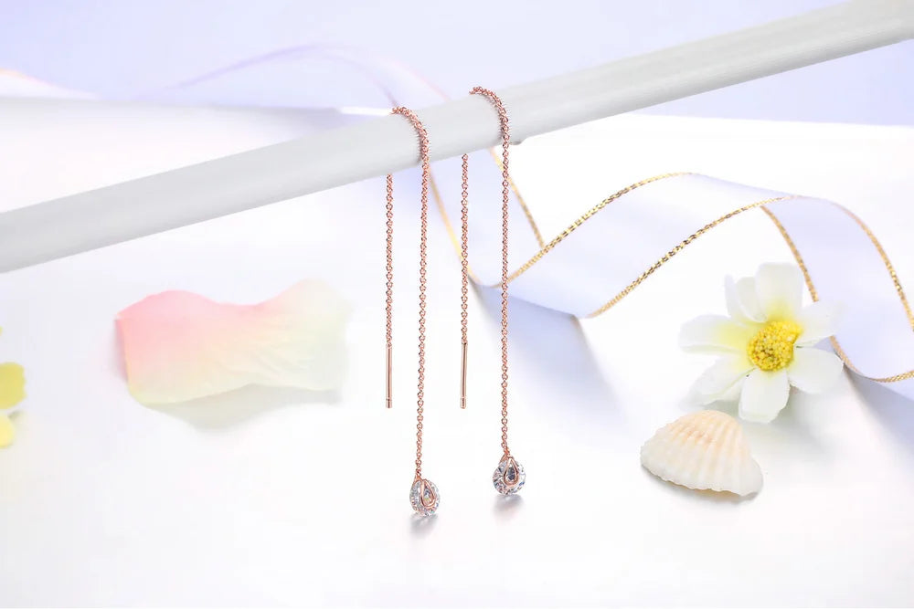 Sparkling Rose Gold Ear Threaders – Elegant Long Dangle Crystal