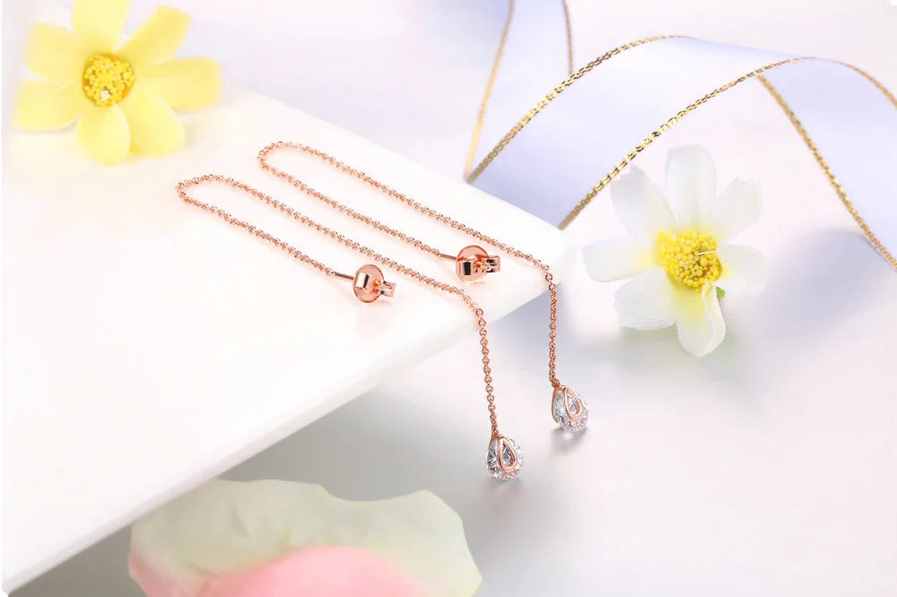 Sparkling Rose Gold Ear Threaders – Elegant Long Dangle Crystal
