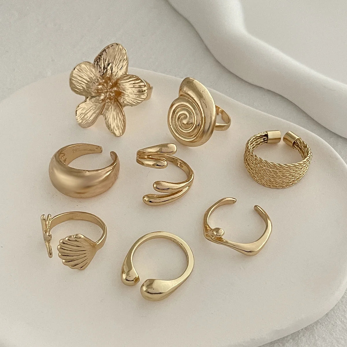 Bohemian Gold & Silver Starfish Flower Knuckle 8 Rings – Vintage Beach Style Set
