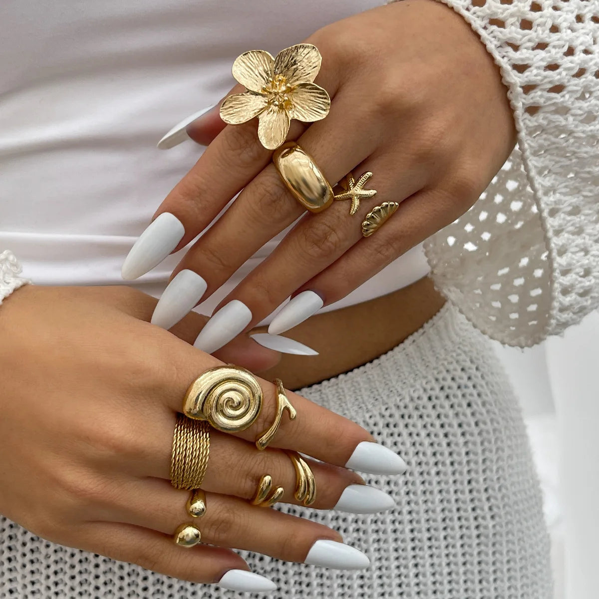 Bohemian Gold & Silver Starfish Flower Knuckle 8 Rings – Vintage Beach Style Set