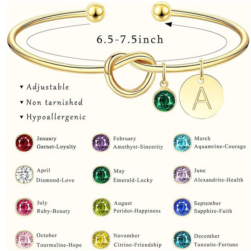 14K Gold Plated Birthstone Initial Bracelet – Elegant Love Knot Cuff for Women