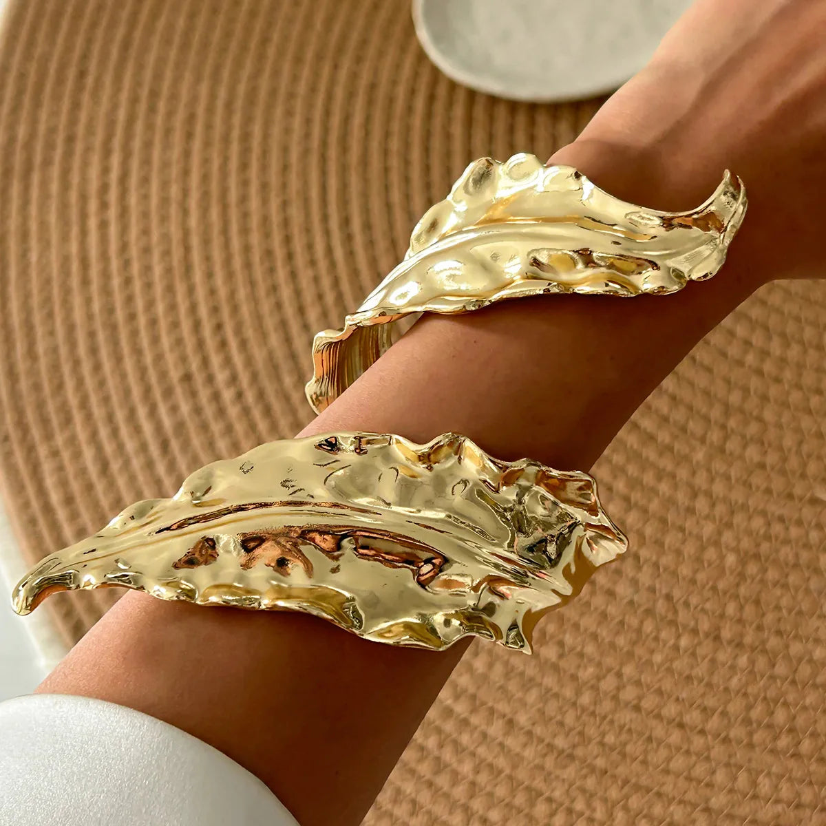 Golden Leaf Statement Wide Bangle Bracelet β Sculptural Geometric Cuff