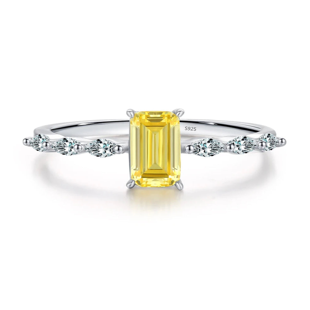 Exquisite Emerald-Cut Pink or Yellow Zirconia Ring in Pure 925 Sterling Silver