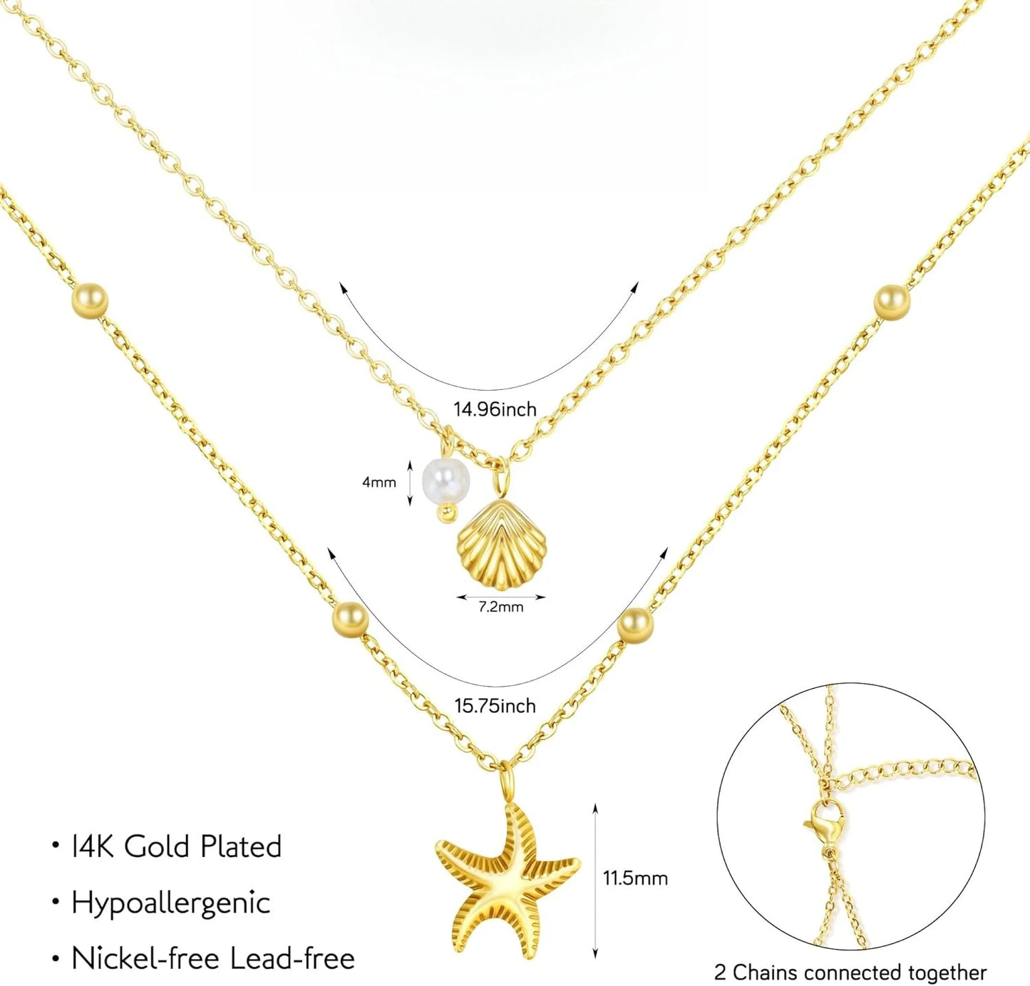 Coastal Charm Necklace β 14K Gold Plated Layers with Starfish, Conch & Pearl Accents