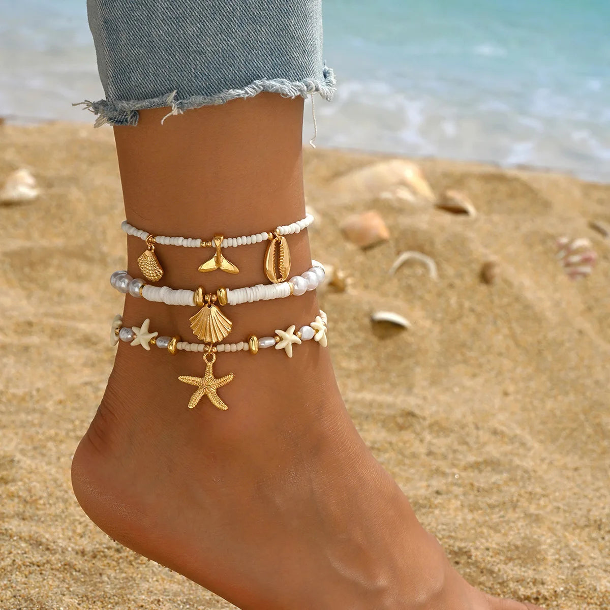 Shell Bead Anklet Set – Adjustable Waterproof Hawaiian Style