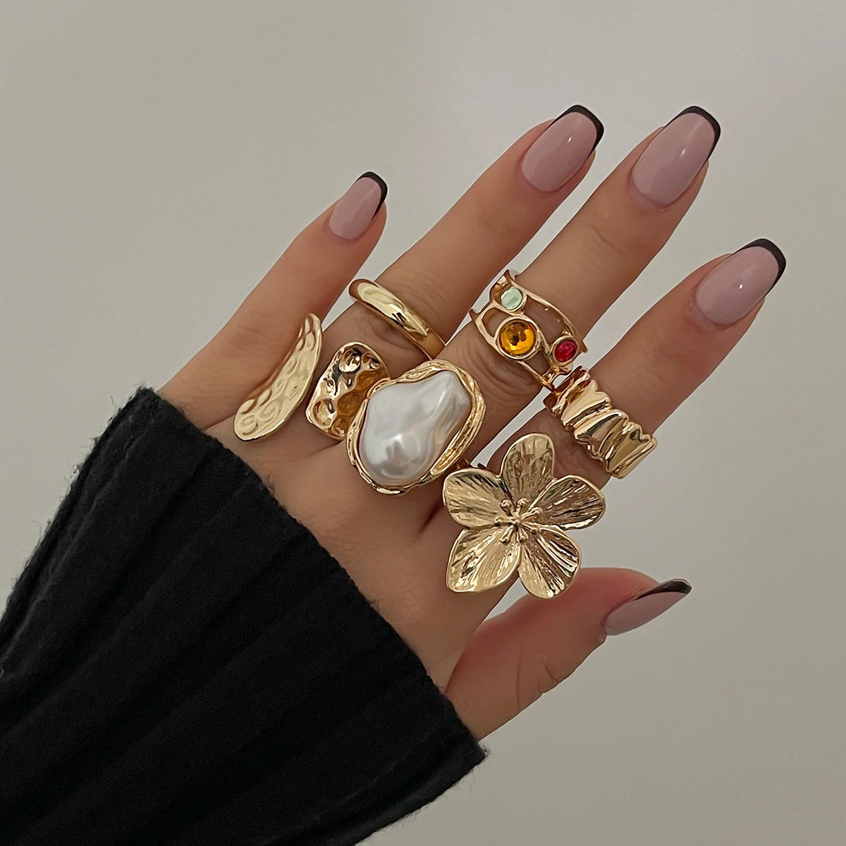Elegant Baroque Pearl & Metal Flower Ring – Irregular Open Design Statement