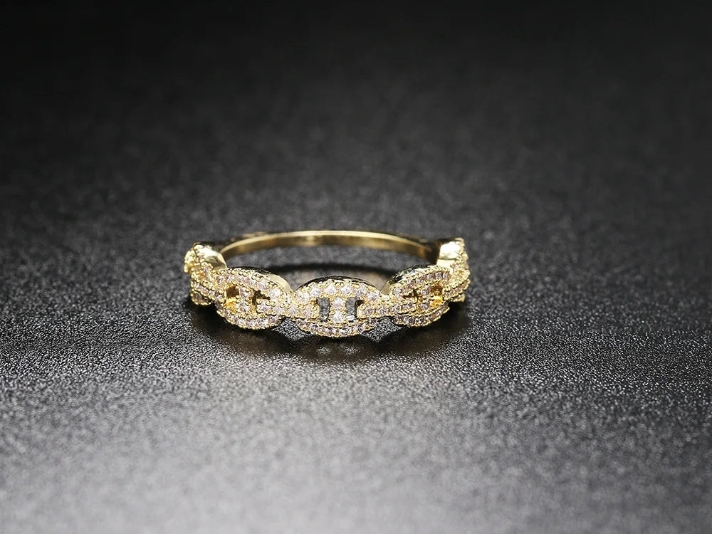 Iced Out Cuban Chain Link Ring – Stacking Gold Color Zircon Ring