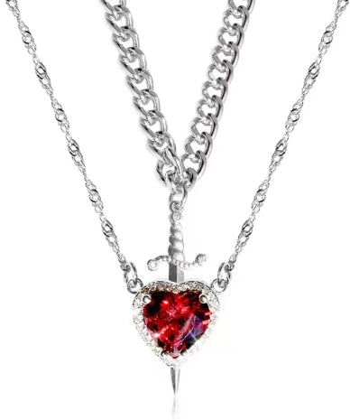 Heart & Sword Couple Necklace Set – 18K Gold Plated Stainless Steel Jewelry with Zircon Crystals