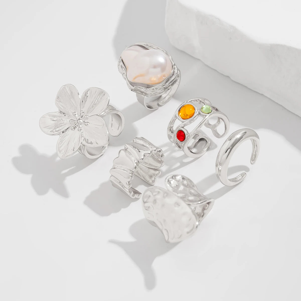 Elegant Baroque Pearl & Metal Flower Ring – Irregular Open Design Statement
