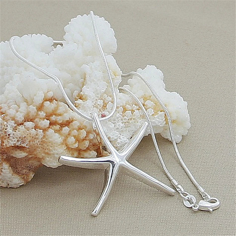 Sterling Silver Star & Starfish Charm Necklace – Adjustable Chain, Ocean-Inspired