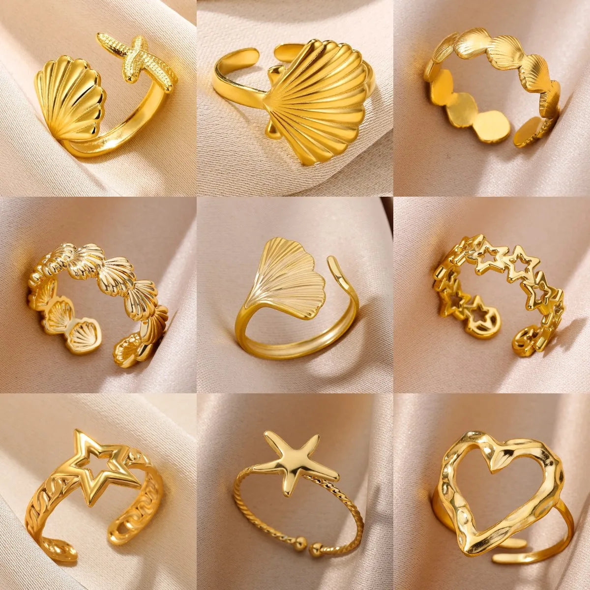Stella Nova Rings – Adjustable Gold-Tone Stainless Steel with Star & Shell