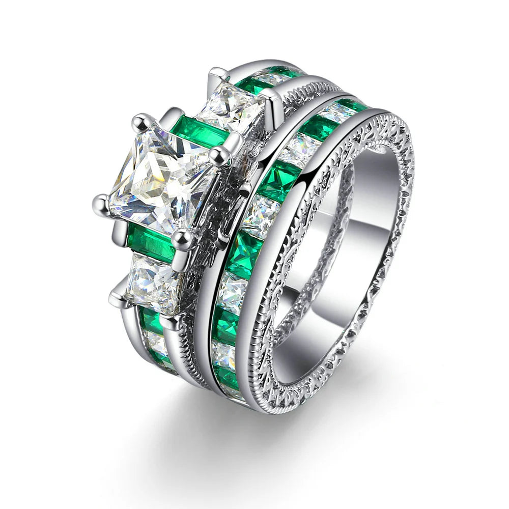 Luxury 2-Piece Ring Set – Silver Color Square Green Cubic Zirconia Rings