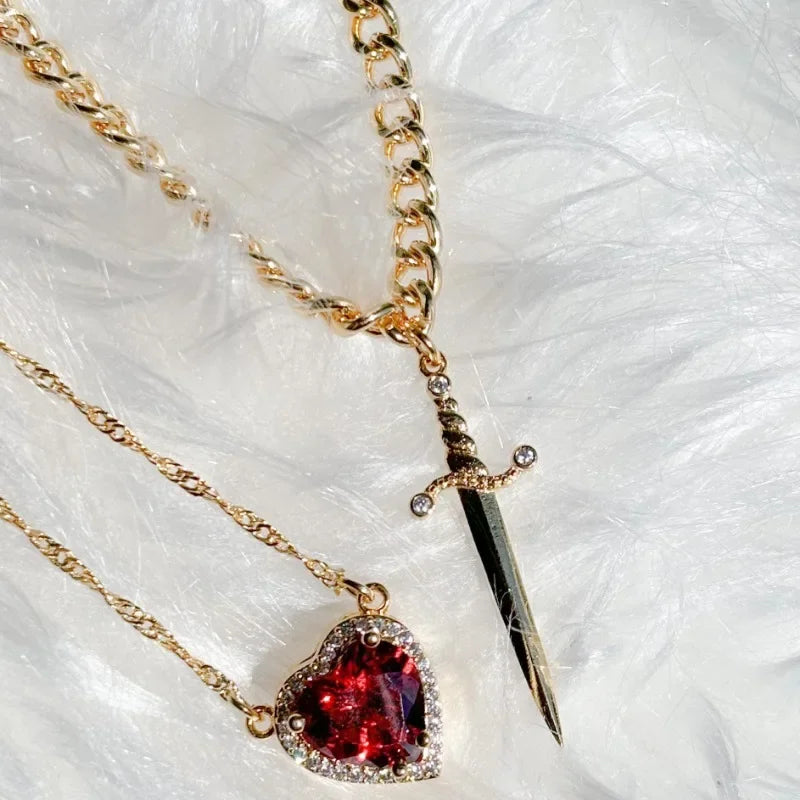 Heart & Sword Couple Necklace Set – 18K Gold Plated Stainless Steel Jewelry with Zircon Crystals