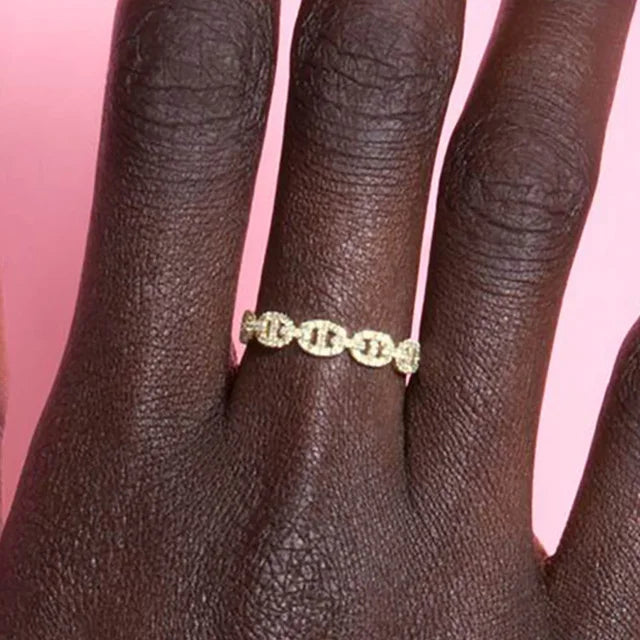 Iced Out Cuban Chain Link Ring – Stacking Gold Color Zircon Ring