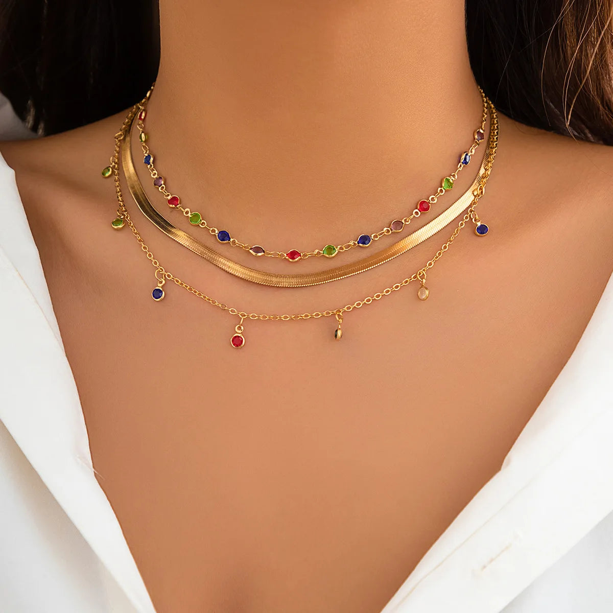 Vintage Gold Stacking Necklace – Multi-Layer Crystal Pendants