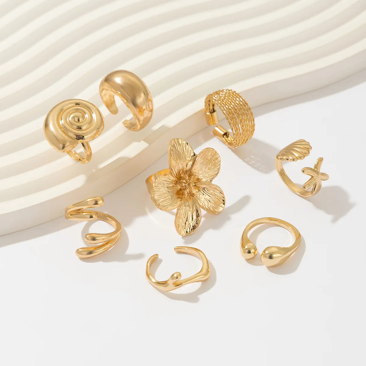 Bohemian Gold & Silver Starfish Flower Knuckle 8 Rings – Vintage Beach Style Set