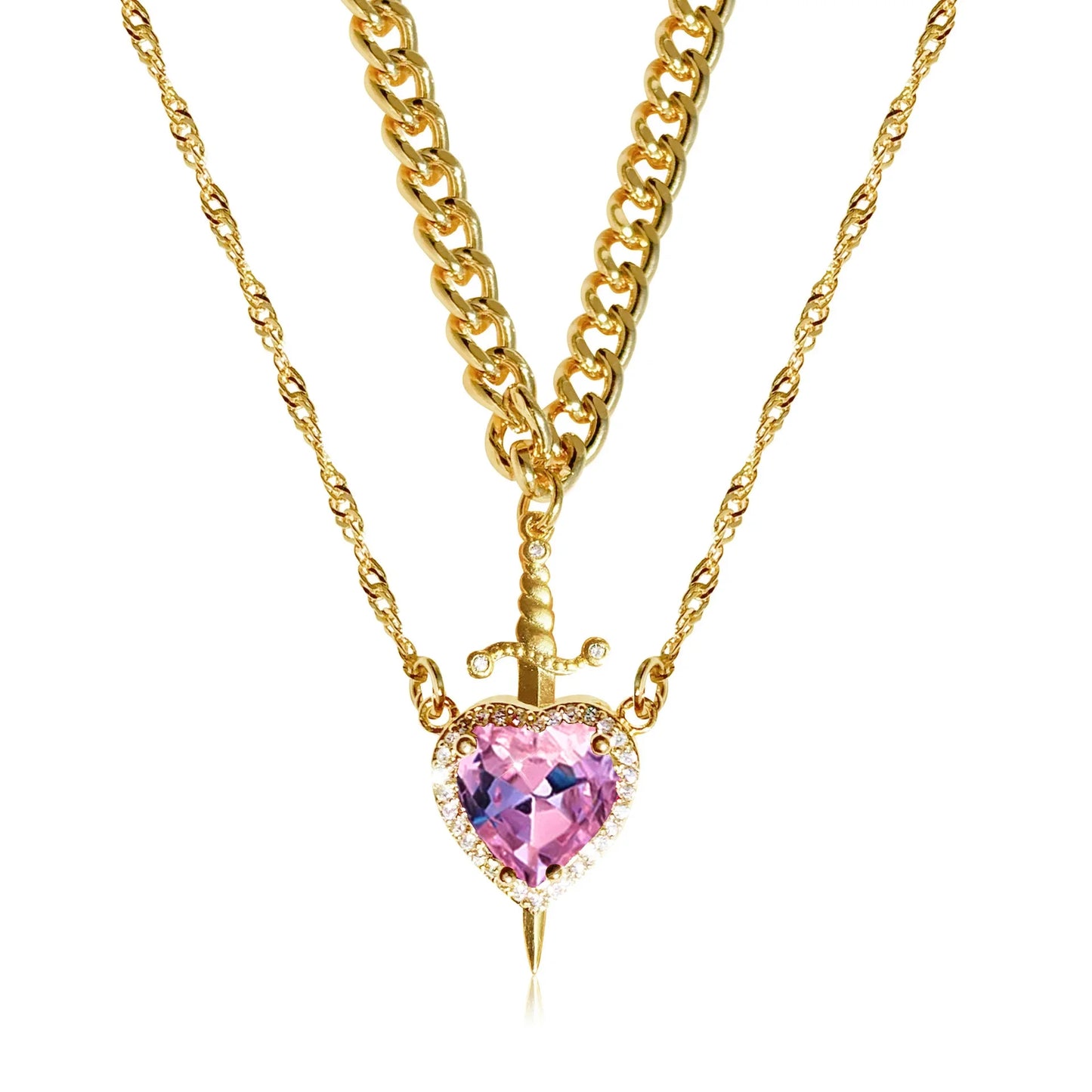 Heart & Sword Couple Necklace Set – 18K Gold Plated Stainless Steel Jewelry with Zircon Crystals