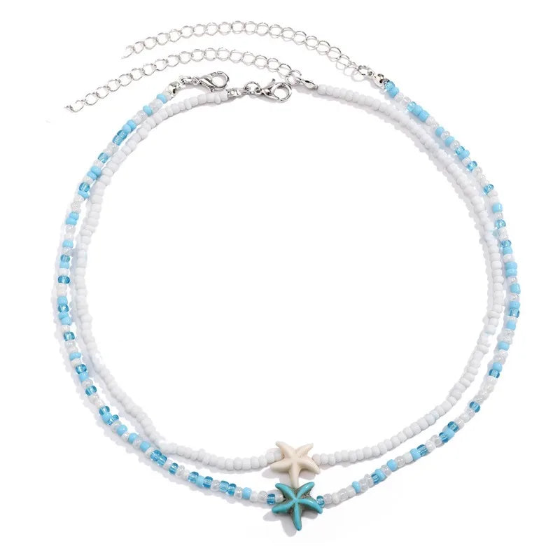 Tidepool Starfish & Turtle Beaded Choker β Adjustable Surf Necklace, Ocean-Inspired Design