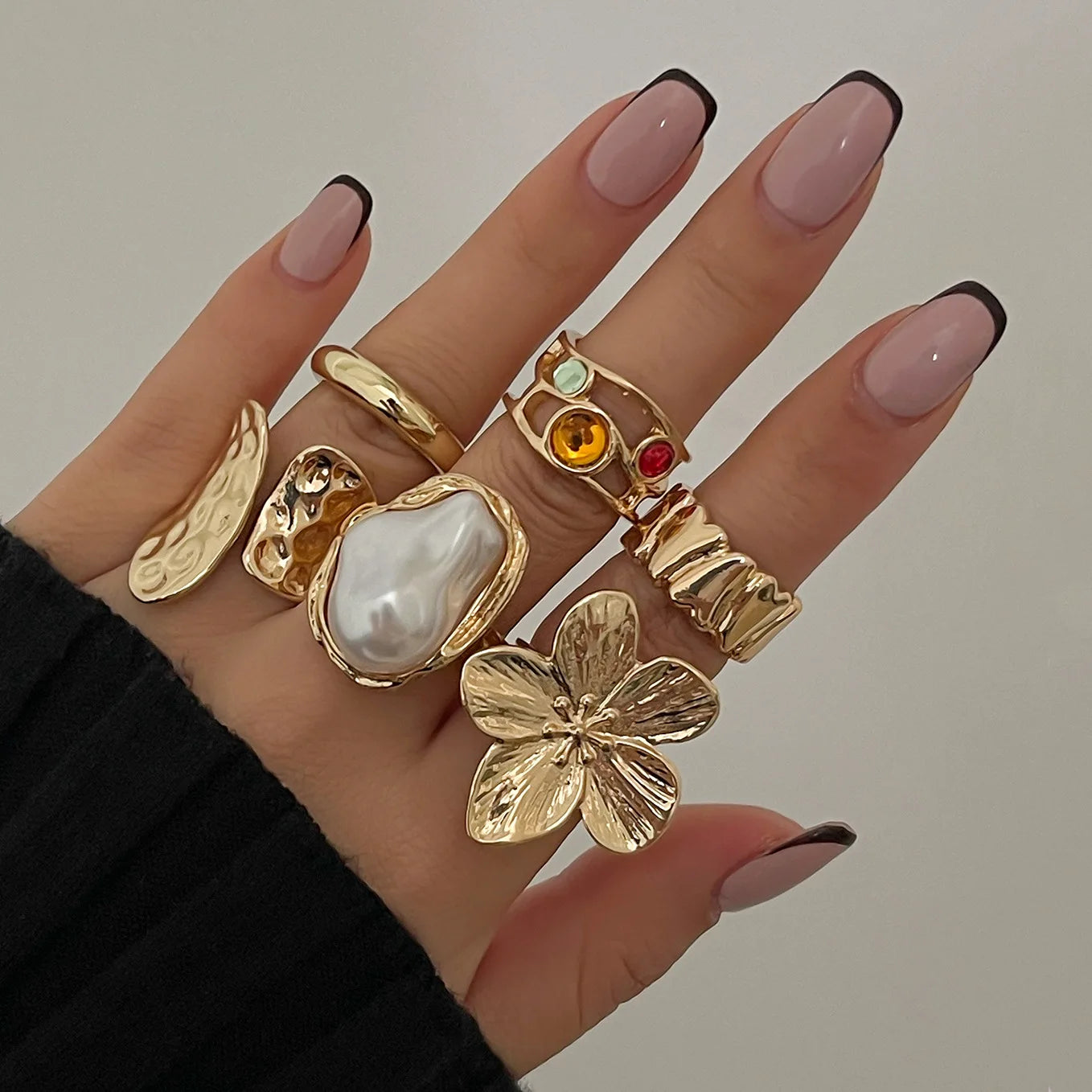 Vintage Baroque Pearl & Flower Ring Set – Gold & Silver Geometric Knuckle and Joint Rings