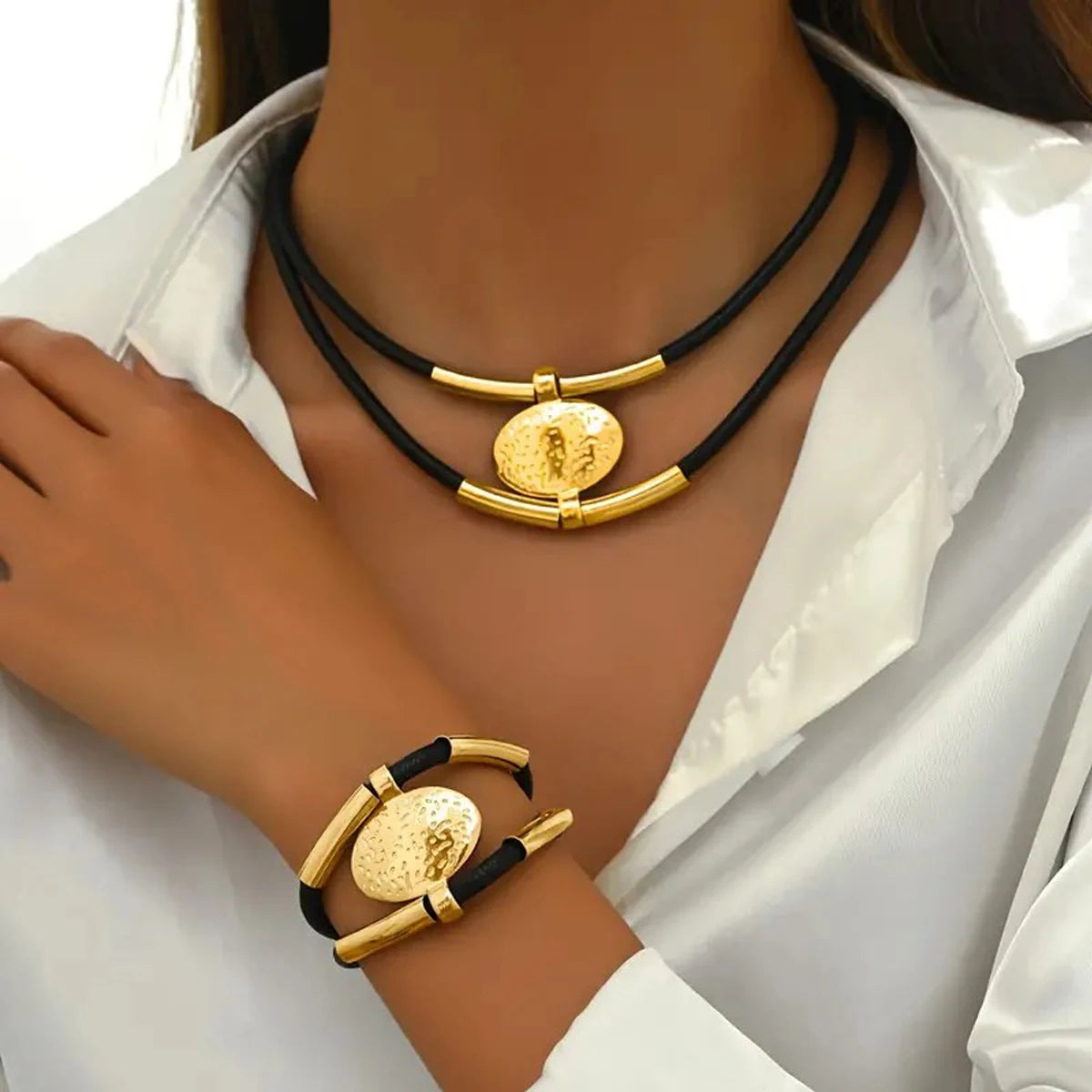 The Verona Set – Vintage Oval Chain & Faux Leather Necklace & Bracelet Duo