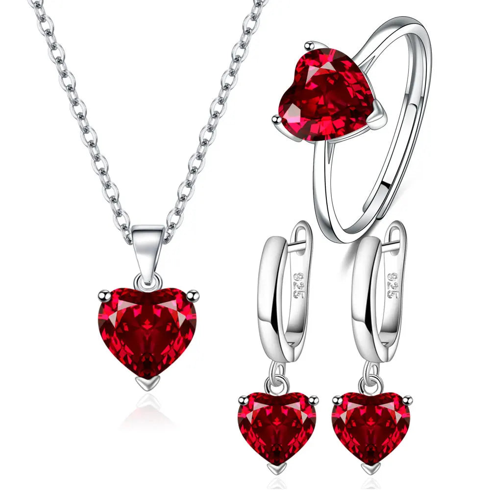 Elegant Heart Zircon Jewelry Set – Sterling Silver Ring, Necklace & Earrings