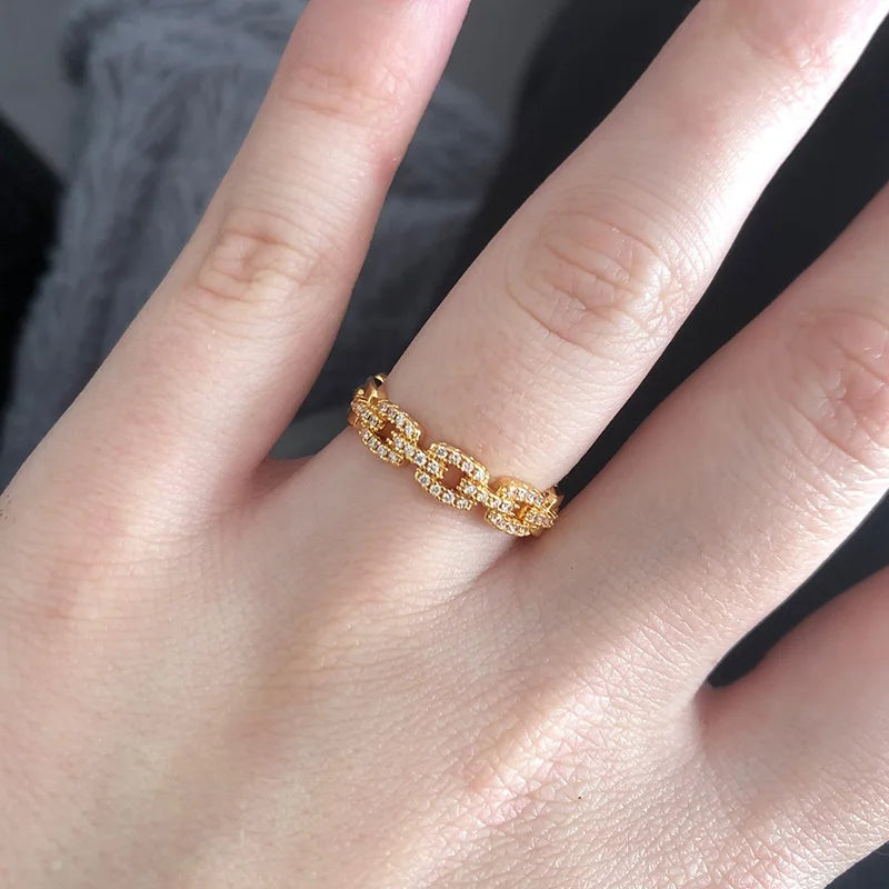 Iced Out Cuban Chain Link Ring – Stacking Gold Color Zircon Ring