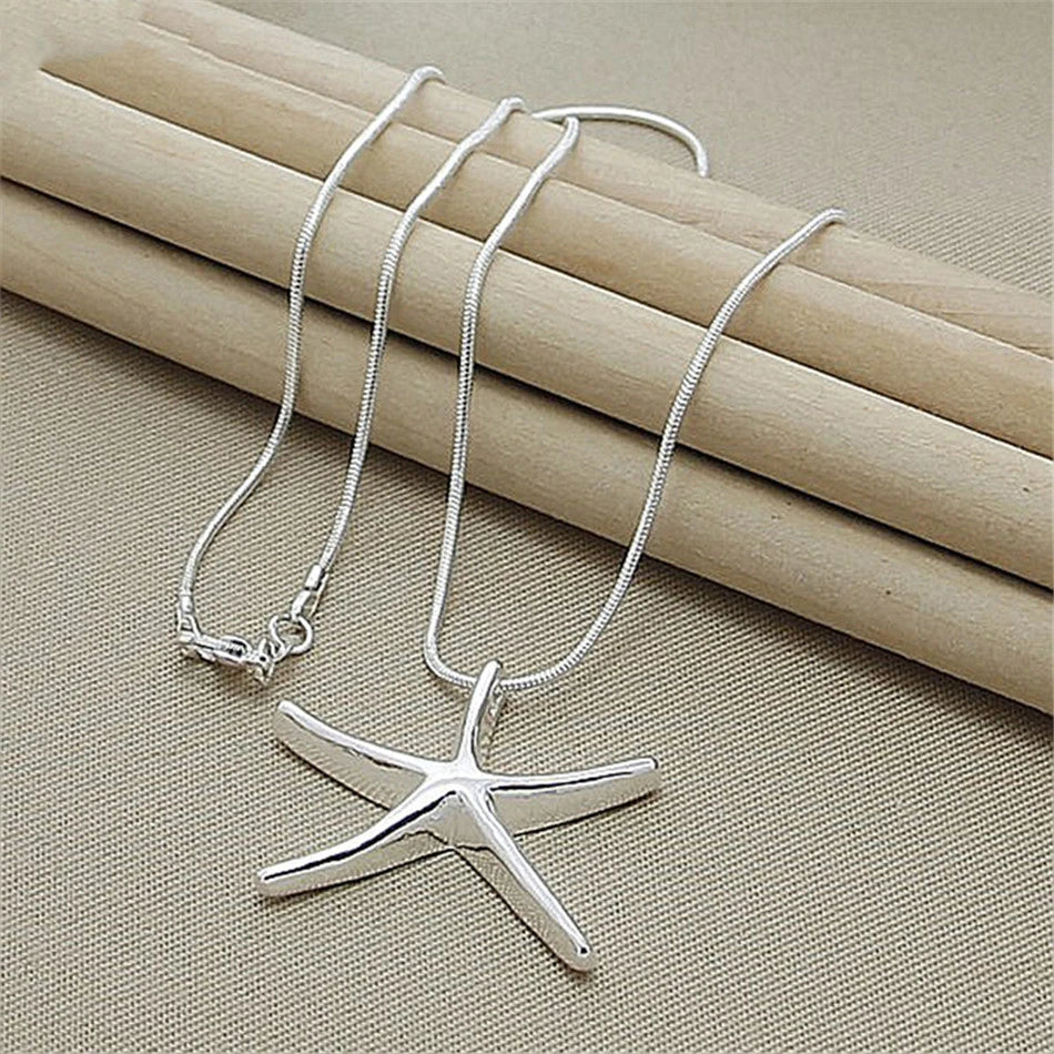 Sterling Silver Star & Starfish Charm Necklace – Adjustable Chain, Ocean-Inspired