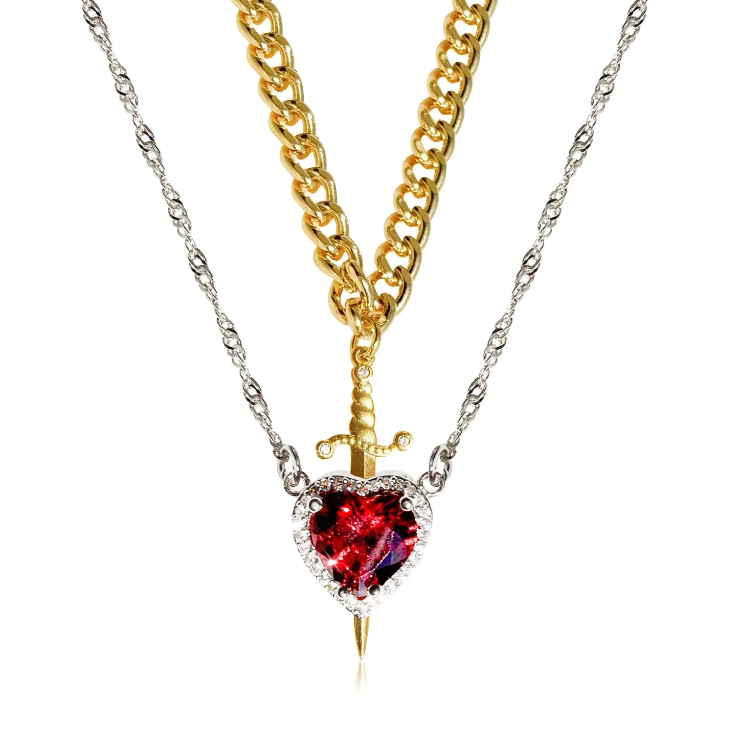 Heart & Sword Couple Necklace Set – 18K Gold Plated Stainless Steel Jewelry with Zircon Crystals