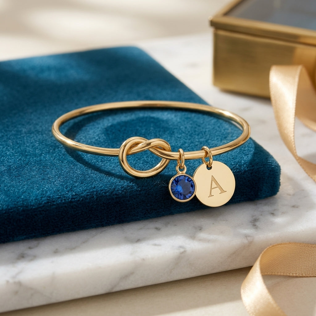 14K Gold Plated Birthstone Initial Bracelet – Elegant Love Knot Cuff for Women