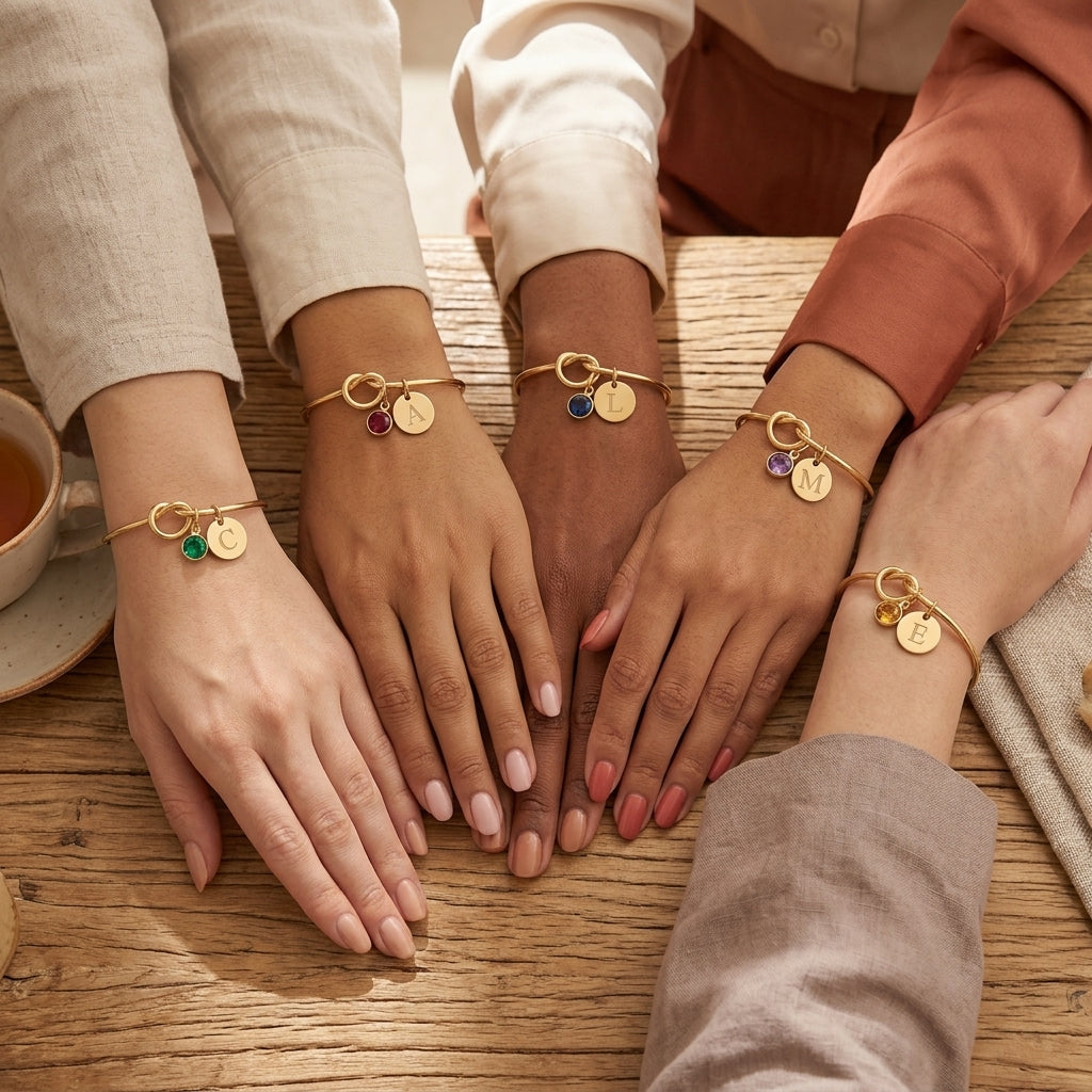 14K Gold Plated Birthstone Initial Bracelet – Elegant Love Knot Cuff for Women
