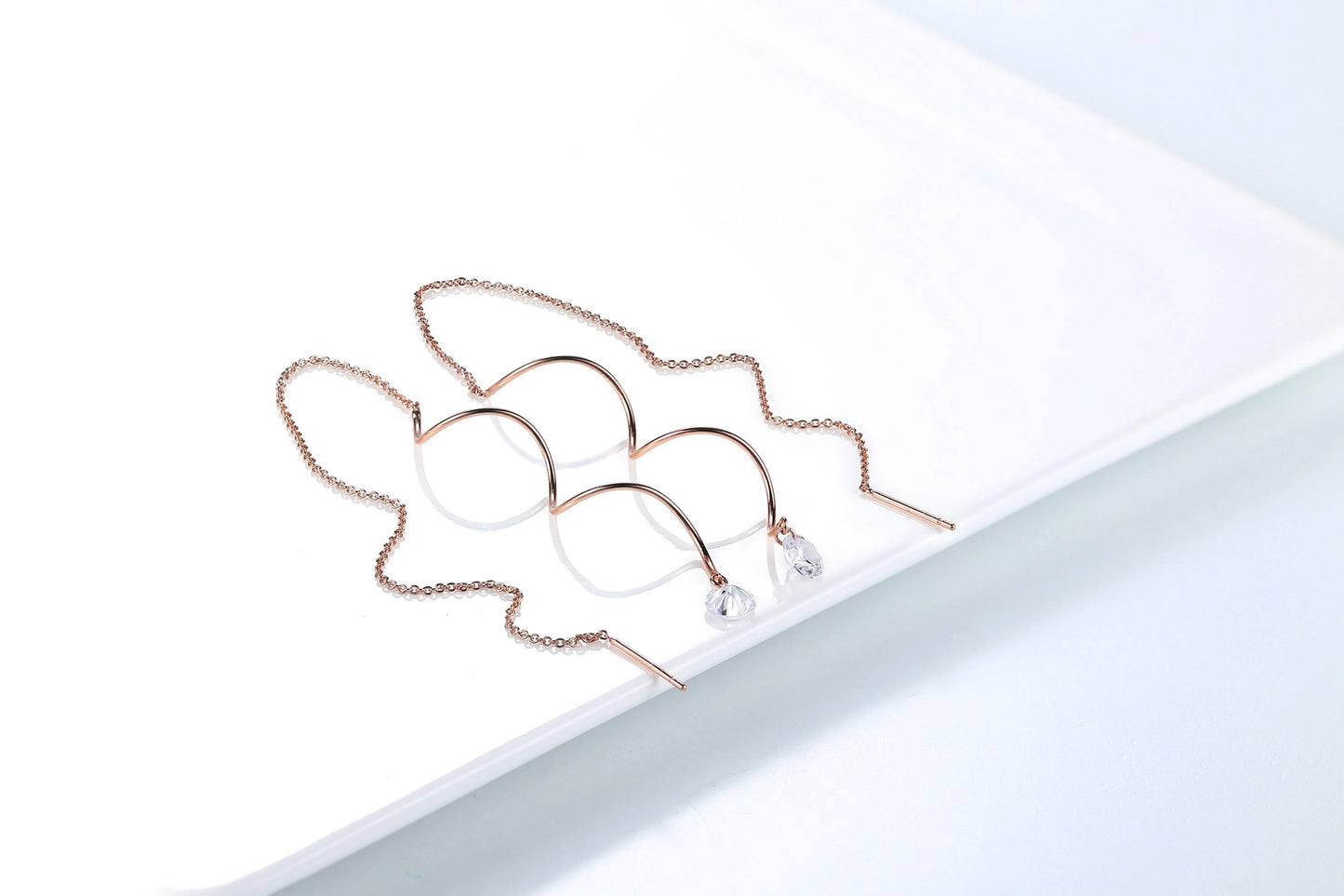Sparkling Rose Gold Ear Threaders – Elegant Long Dangle Crystal