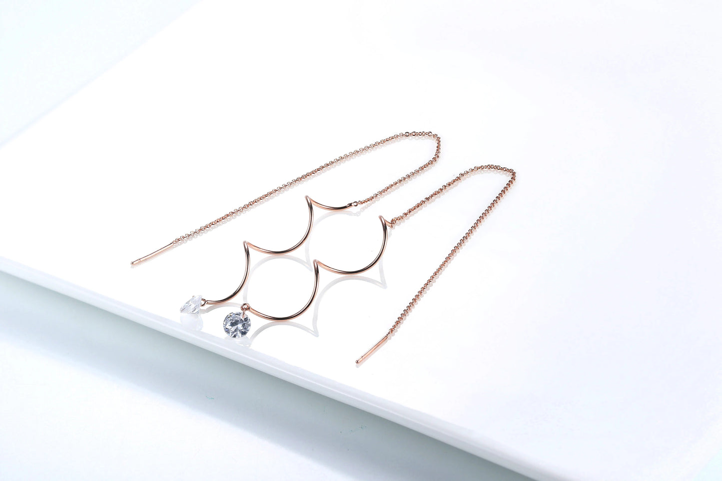 Sparkling Rose Gold Ear Threaders – Elegant Long Dangle Crystal