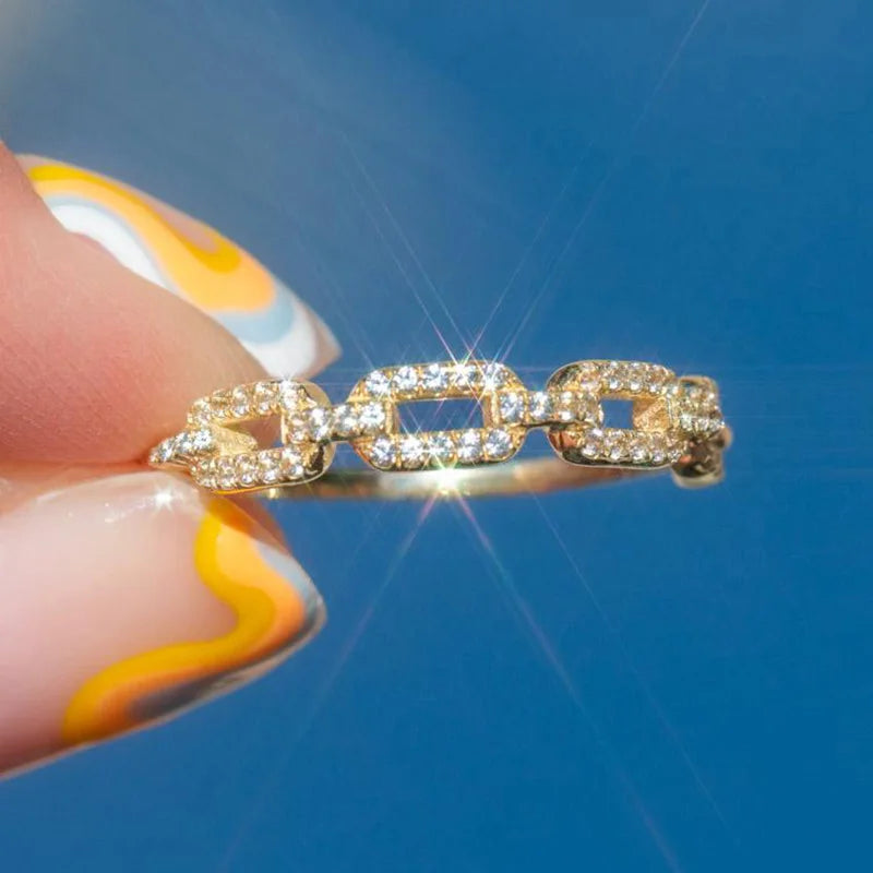 Iced Out Cuban Chain Link Ring – Stacking Gold Color Zircon Ring