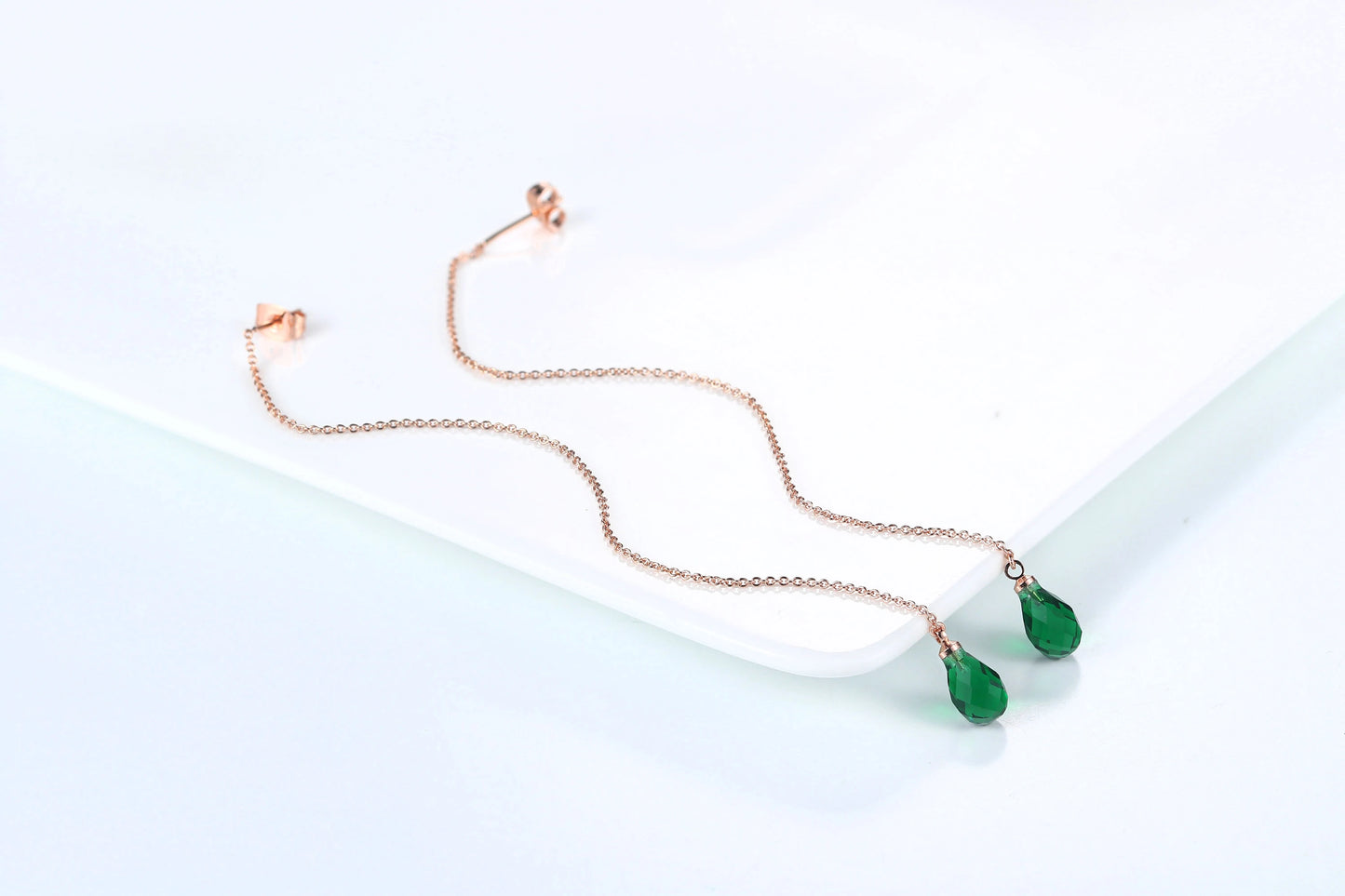 Sparkling Rose Gold Ear Threaders – Elegant Long Dangle Crystal
