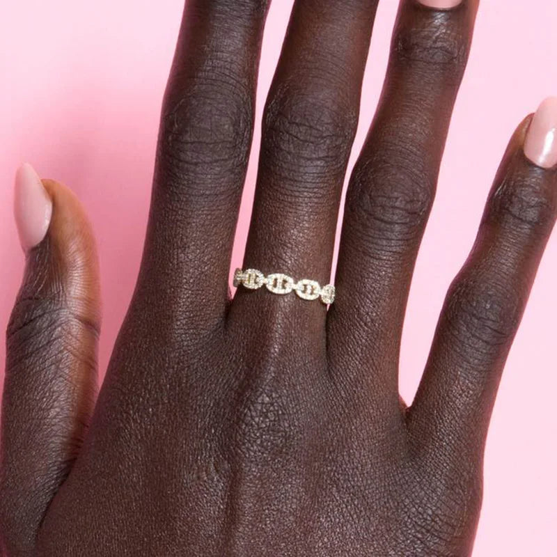Iced Out Cuban Chain Link Ring – Stacking Gold Color Zircon Ring
