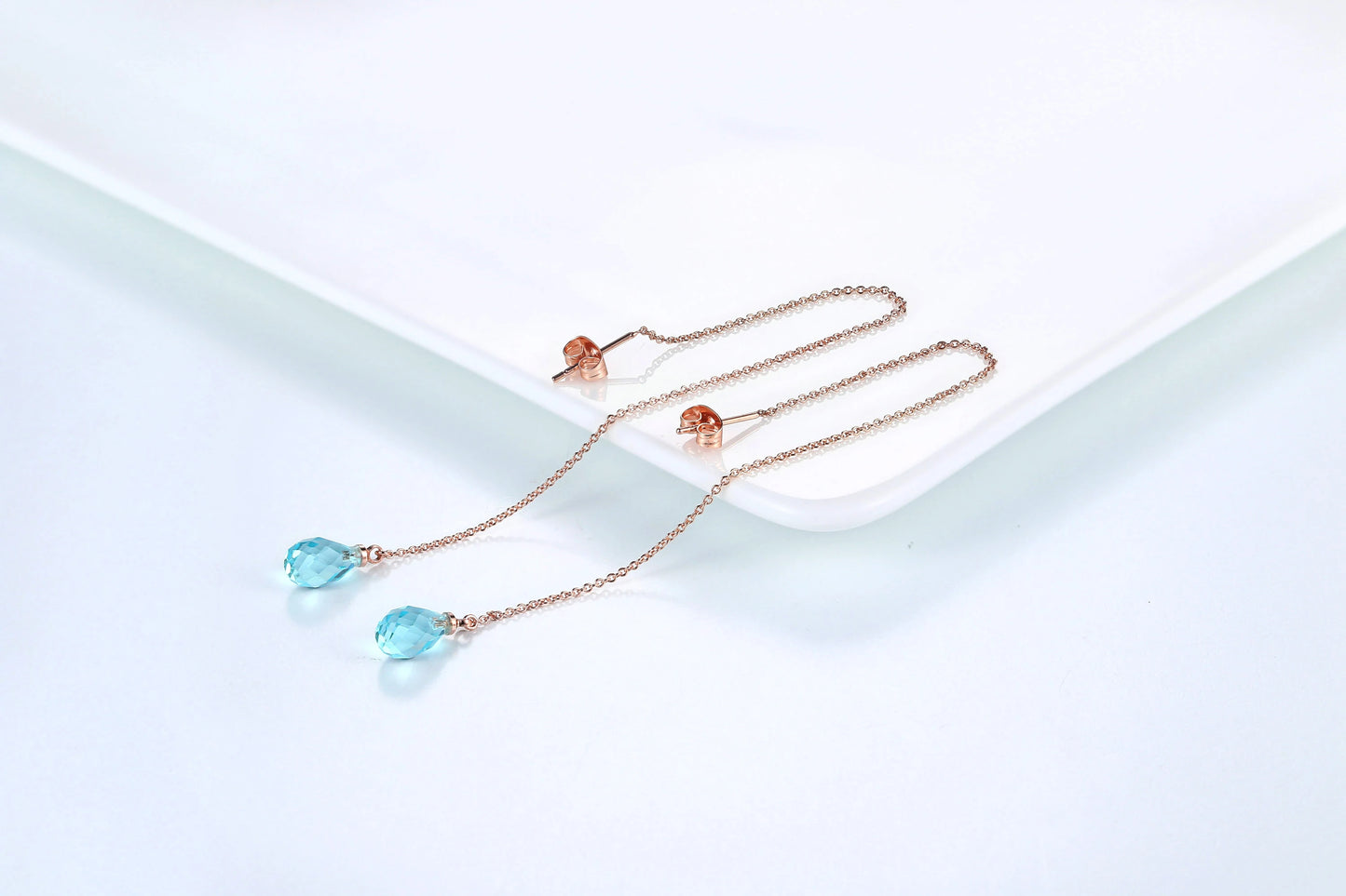 Sparkling Rose Gold Ear Threaders – Elegant Long Dangle Crystal