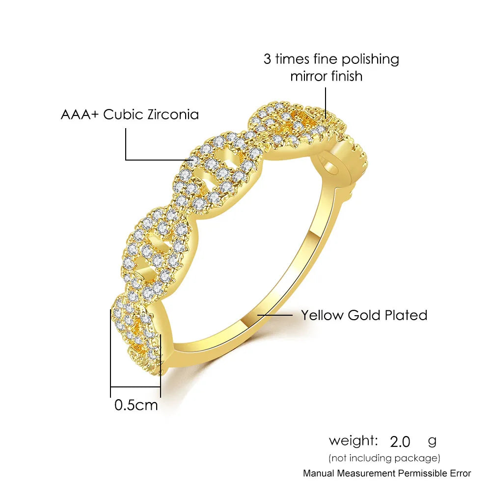 Iced Out Cuban Chain Link Ring – Stacking Gold Color Zircon Ring