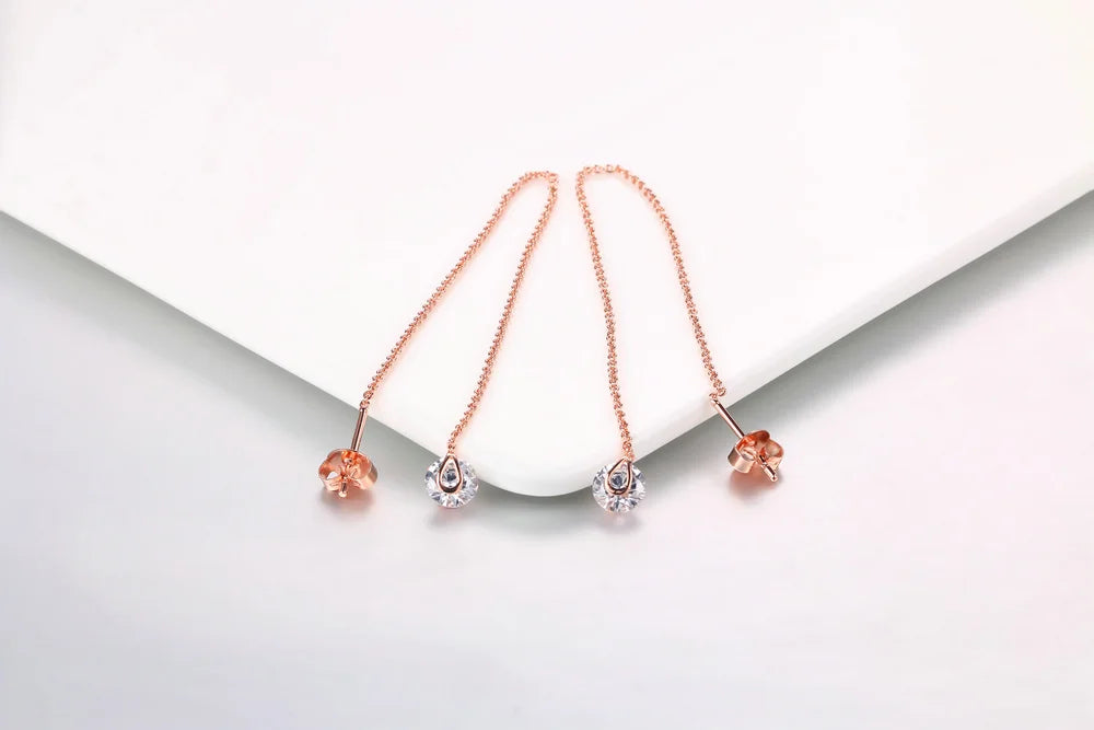 Sparkling Rose Gold Ear Threaders – Elegant Long Dangle Crystal
