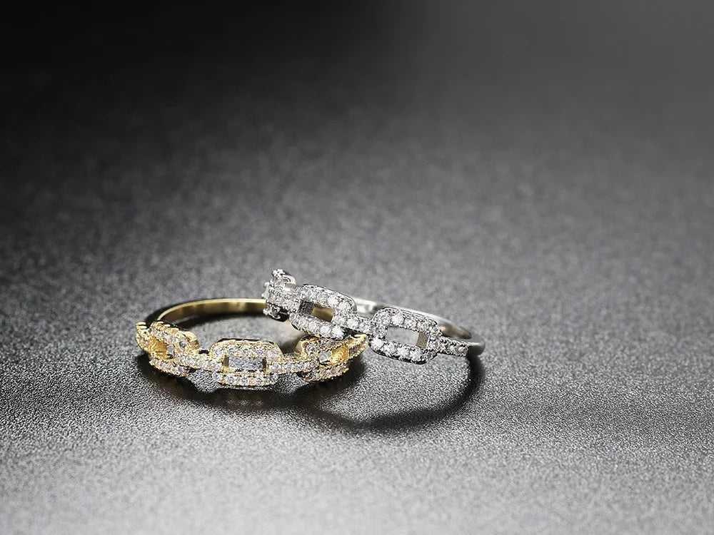 Iced Out Cuban Chain Link Ring – Stacking Gold Color Zircon Ring