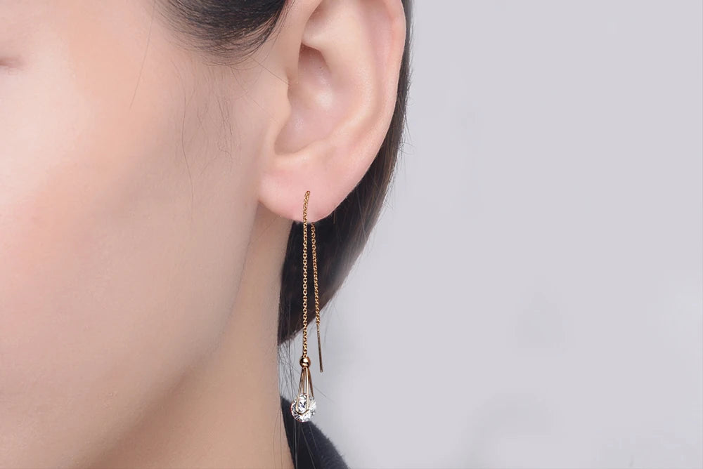 Sparkling Rose Gold Ear Threaders – Elegant Long Dangle Crystal