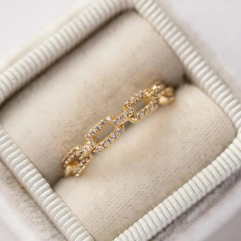 Iced Out Cuban Chain Link Ring – Stacking Gold Color Zircon Ring