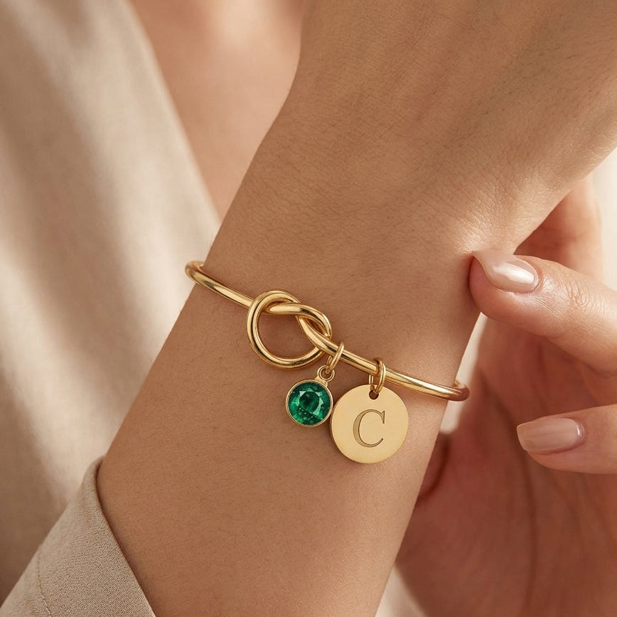 14K Gold Plated Birthstone Initial Bracelet – Elegant Love Knot Cuff for Women