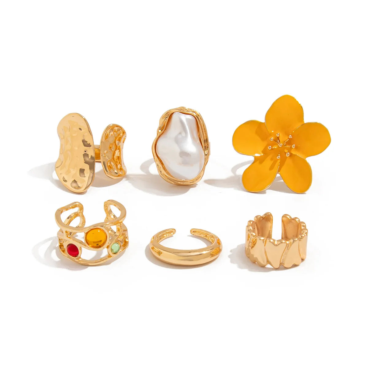 Vintage Baroque Pearl & Flower Ring Set – Gold & Silver Geometric Knuckle and Joint Rings