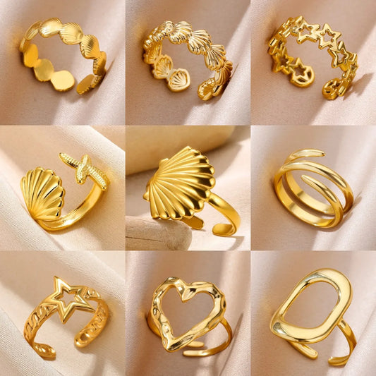 Stella Nova Rings – Adjustable Gold-Tone Stainless Steel with Star & Shell