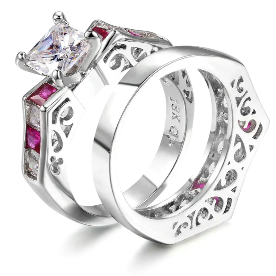 Luxury Square Pink CZ Ring Set – 2-Piece Silver-Tone Cocktail Rings