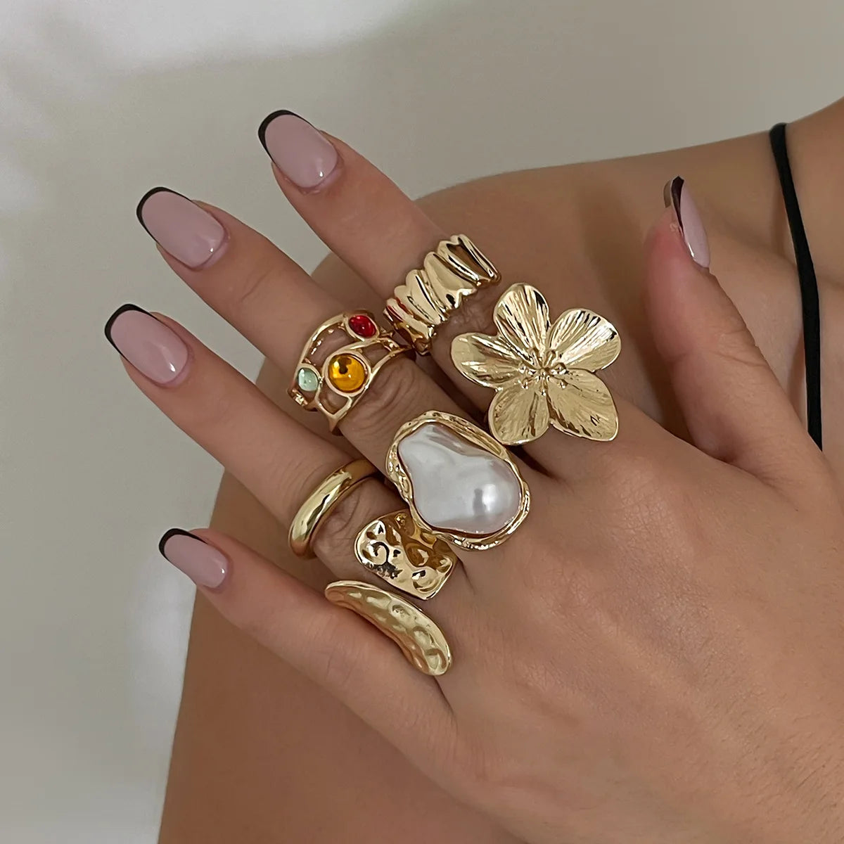 Vintage Baroque Pearl & Flower Ring Set – Gold & Silver Geometric Knuckle and Joint Rings
