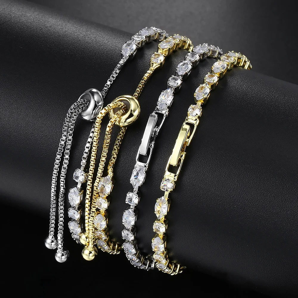 Shiny Gold Color Tennis Chain Bracelet – Simple Geometric Zircon Bangle