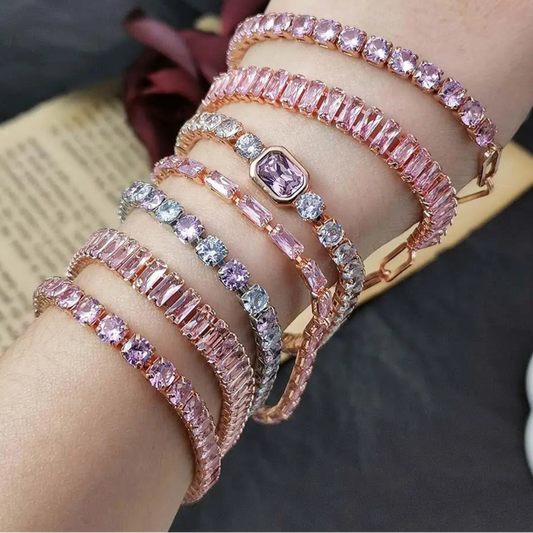 Platinum Pink Crystal Tennis Bracelet – Adjustable Zirconia Chain